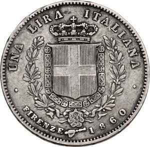 reverse: Vittorio Emanuele II, Re Eletto (1859-1861).. Lira 1860 Firenze