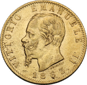 obverse: Vittorio Emanuele II  (1861-1878). 20 Lire 1863 Torino