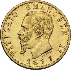 obverse: Vittorio Emanuele II  (1861-1878). 20 Lire 1877 primo 7 ribattuto su 7
