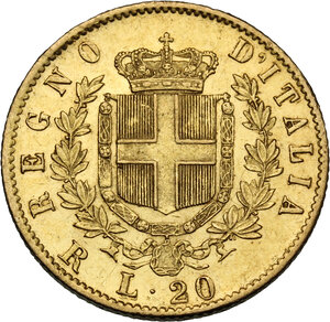 reverse: Vittorio Emanuele II  (1861-1878). 20 Lire 1877 primo 7 ribattuto su 7