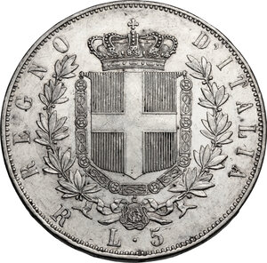 reverse: Vittorio Emanuele II  (1861-1878).. 5 Lire 1877 Roma