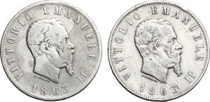 obverse: Vittorio Emanuele II  (1861-1878).. Lotto di due monete da 2 Lire 1863 Napoli e Torino