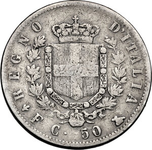 reverse: Vittorio Emanuele II  (1861-1878). 50 Centesimi 1861 Firenze