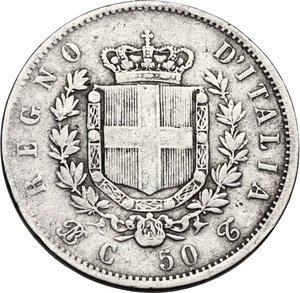 reverse: Vittorio Emanuele II  (1861-1878).. 50 Centesimi 1862 Torino