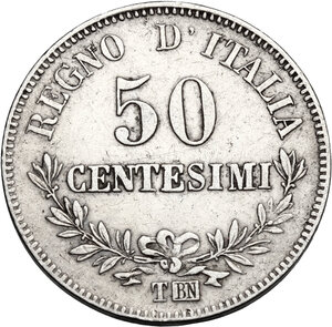 reverse: Vittorio Emanuele II  (1861-1878).. 50 Centesimi 1863 Torino