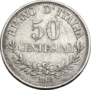 reverse: Vittorio Emanuele II  (1861-1878).. 50 Centesimi 1866 Milano