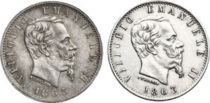 obverse: Vittorio Emanuele II  (1861-1878).. Lotto di due monete da 20 Centesimi 1863 Milano e Torino