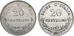 reverse: Vittorio Emanuele II  (1861-1878).. Lotto di due monete da 20 Centesimi 1863 Milano e Torino