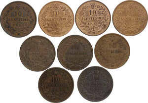 reverse: Vittorio Emanuele II  (1861-1878).. Lotto di nove (9) monete da 10 Centesimi 1863 Parigi, 1866 Torino, Napoli e Strasburgo, 1867 Torino, Napoli, Strasburgo (2) e Birmingham