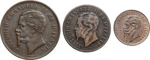 obverse: Vittorio Emanuele II  (1861-1878).. Lotto di tre monete da 5, 2 e 1 Centesimi 1861 Napoli