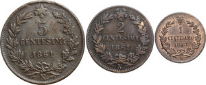 reverse: Vittorio Emanuele II  (1861-1878).. Lotto di tre monete da 5, 2 e 1 Centesimi 1861 Napoli