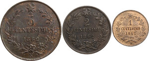 reverse: Vittorio Emanuele II  (1861-1878).. Lotto di tre monete da 5, 2 e 1 Centesimi 1862 Napoli