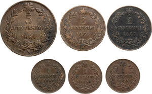 reverse: Vittorio Emanuele II  (1861-1878).. Lotto di sei (6) monete da 5 Centesimi 1867 Napoli, 2 Centesimi 1867 Milano (2), Centesimo 1867 MIlano (3)
