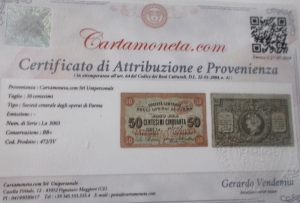 reverse: Cartamoneta Societa  Centrale Degli Operai Di Parma. Bono per Cinquanta Centesimi. BB+. Periziato