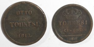 reverse: Napoli. Ferdinando I. 1816-1825. Lotto da 2 pezzi da 8 Tornesi e 5 tornesi. Ae. 