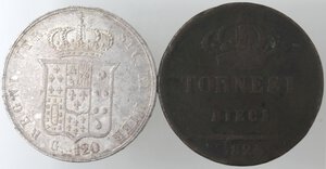 reverse: Napoli. Lotto di 2 monete. Piastra da 120 Grana 1857. Ag. qSPL. 10 Tornesi 1825. Ae. 