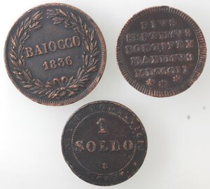 reverse: Roma. Lotto di 3 Monete. Baiocco 1836, Mezzo Baiocco 1802, 1 Soldo 1867. Ae. 