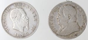 obverse: Lotto da 2 Pezzi composto da Vittorio Emanuele II 1 lira 1863 M e Pio IX 1 Lira 1866 (Appiccagnolo asportato). Ag. 