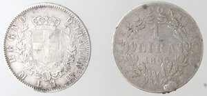 reverse: Lotto da 2 Pezzi composto da Vittorio Emanuele II 1 lira 1863 M e Pio IX 1 Lira 1866 (Appiccagnolo asportato). Ag. 