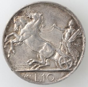 reverse: Vittorio Emanuele III. 1900-1943. 10 lire 1927 Biga. 1 Rosetta. Ag. 