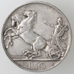reverse: Vittorio Emanuele III. 1900-1943. 10 lire 1928 Biga. 1 Rosetta. Ag. 