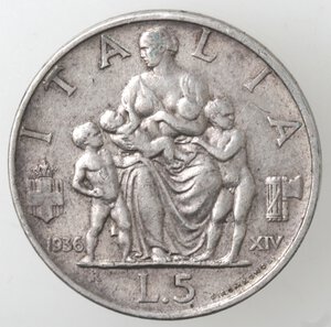 reverse: Vittorio Emanuele III. 1900-1943. 5 lire 1936 Famiglia. Ag. 