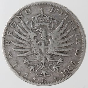 reverse: Vittorio Emanuele III. 1900-1943. 1 lira 1905 Aquila Sabuada. Ag. 