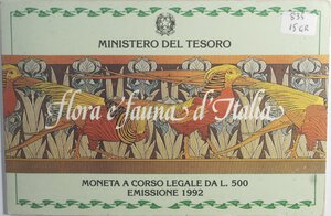obverse: Repubblica Italiana. 500 Lire. Flora e fauna 1992. Ag. 