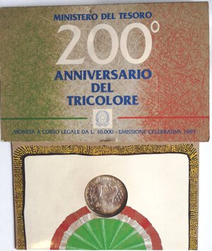 obverse: Repubblica Italiana. 10000 Lire. 200° Anniversario del tricolore 1997. Ag. 