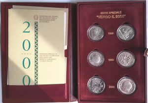 obverse: Repubblica Italiana. Verso il 2000. Cofanetto completo 6 monete, due da 10000 lire, 2 da 5000 lire e due da 2000 lire. Ag. 