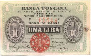 obverse: Banca Toscana di Anticipazioni e Sconto. 1 Lira. 
