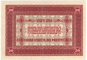 reverse: Occupazione Austriaca. Cassa Veneta dei Prestiti. 20 lire. 