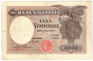 obverse: Vittorio Emanuele III. 1900-1943. 25 Lire Aquila Latina. 