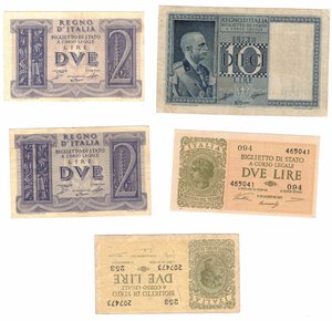 obverse: Vittorio Emanuele III. 1900-1943. Lotto di 5 pezzi da 10 lire, 2 lire e 1 lira. 