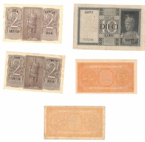 reverse: Vittorio Emanuele III. 1900-1943. Lotto di 5 pezzi da 10 lire, 2 lire e 1 lira. 