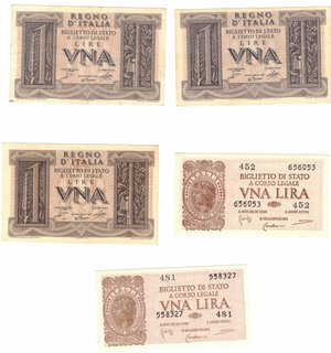 obverse: Vittorio Emanuele III. 1900-1943. Lotto di 5 pezzi da 1 Lira. 