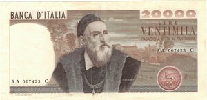 obverse: Repubblica Italiana. 20.000 Lire Tiziano. 