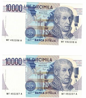 obverse: Repubblica Italiana. 10.000 Lire Alessandro Volta. Lotto di 2 Banconote. Serie Consecutiva. 