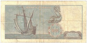 reverse: Repubblica Italiana. 5.000 Lire Colombo 1°Tipo. 
