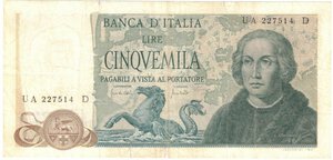 obverse: Repubblica Italiana. 5.000 Lire Colombo 2°Tipo. 