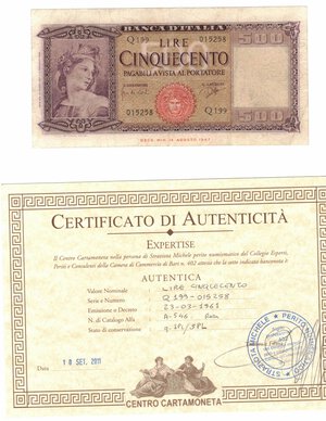 obverse: Repubblica Italiana. 500 Lire Italia. 