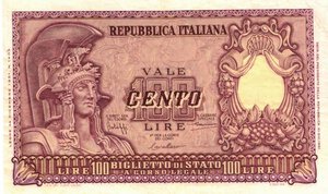 obverse: Repubblica Italiana. 100 lire Italia Elmata. 