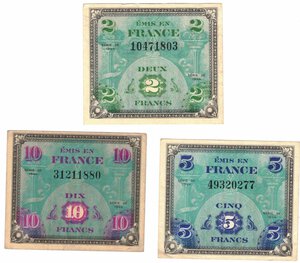 obverse: Francia. Occupazione Militare. Lotto di  3 Pezzi. 10-5 e 2 Franchi. 