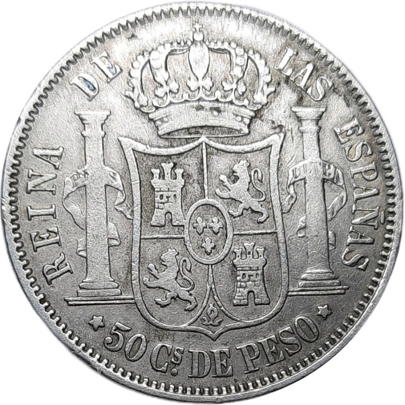 obverse: FILIPPINE.Isabella ,50 centavos de Peso, argento,1868, BB