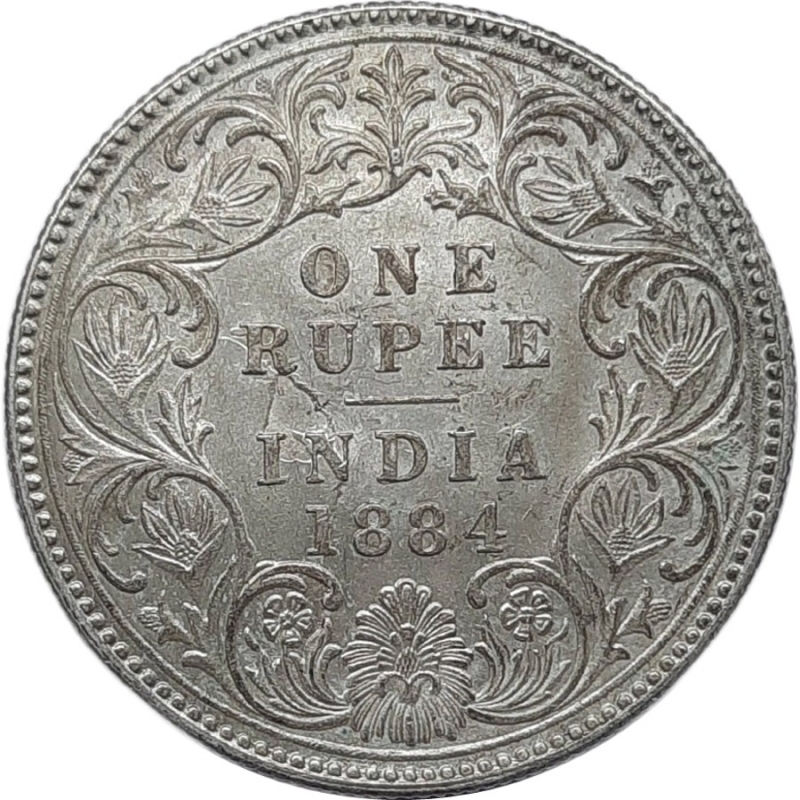 obverse: INDIA, Victoria queen,  Rupee argento 1884, SPL, Frattura di conio al Rovescio