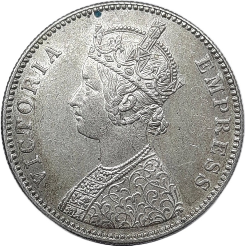 reverse: INDIA, Victoria queen,  Rupee argento 1884, SPL, Frattura di conio al Rovescio