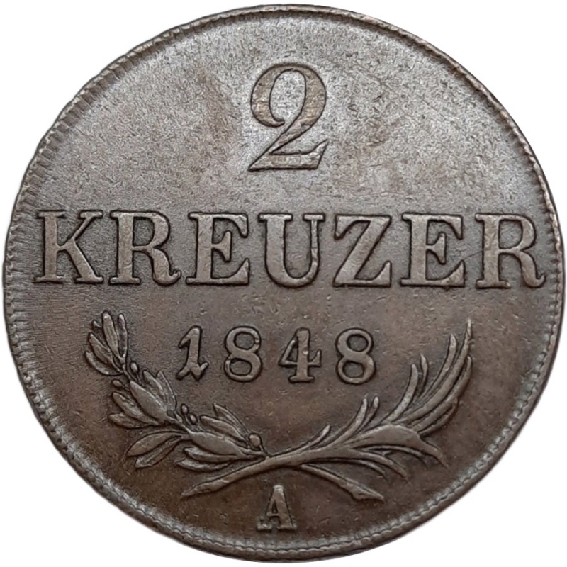 obverse: AUSTRIA. Franz Joseph, 2 kreuzer 1848 A,BB++