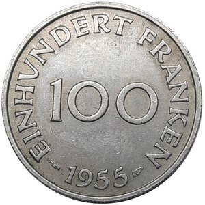 obverse: GERMANIA, Saarland , 100 Franken 1954  BB++