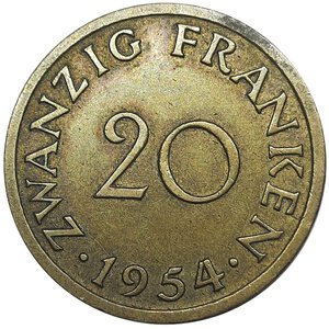 obverse: GERMANIA, Saarland , 20 Franken 1954  BB++