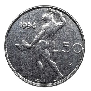 obverse: 50 lire 1994. Data Ribattuta (piu spessa)  RR  SPL